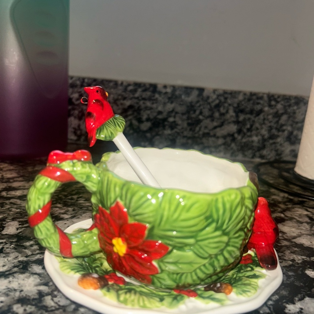 Corner Ruby poinsettia teacup and saucer set with spoon